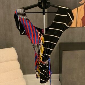 Save The Queen Black One-Shoulder Dress with Red, Blue & Yellow Accents